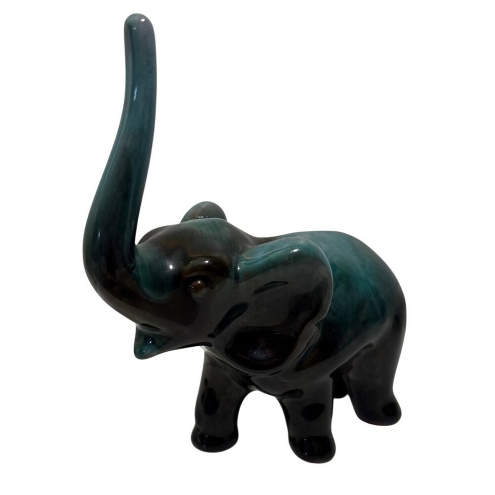 Blue Mountain Pottery Ceramic Elephant Figurine Green Drip Glaze 4 3/4" Tall BMP